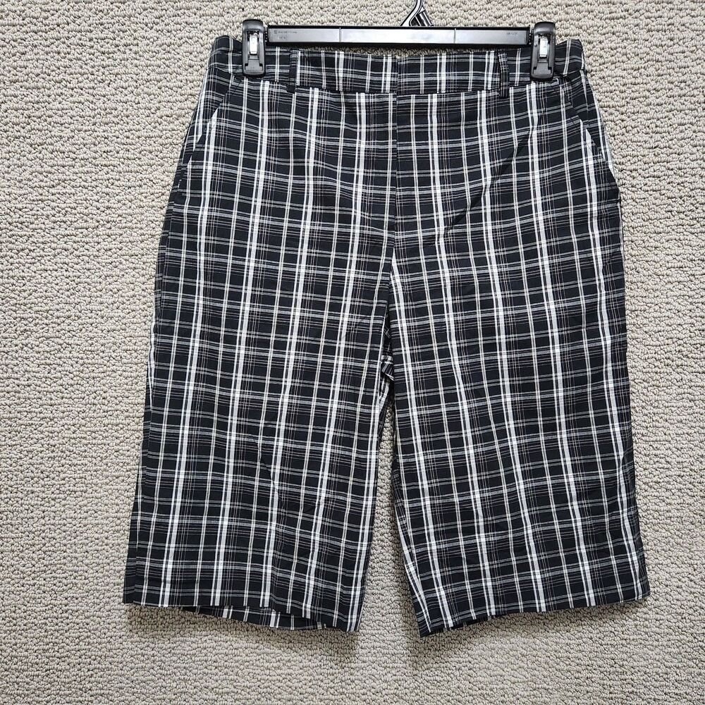 KIM ROGERS Women's Black White Plaid Flat Front Casual Bermuda Shorts Size 14